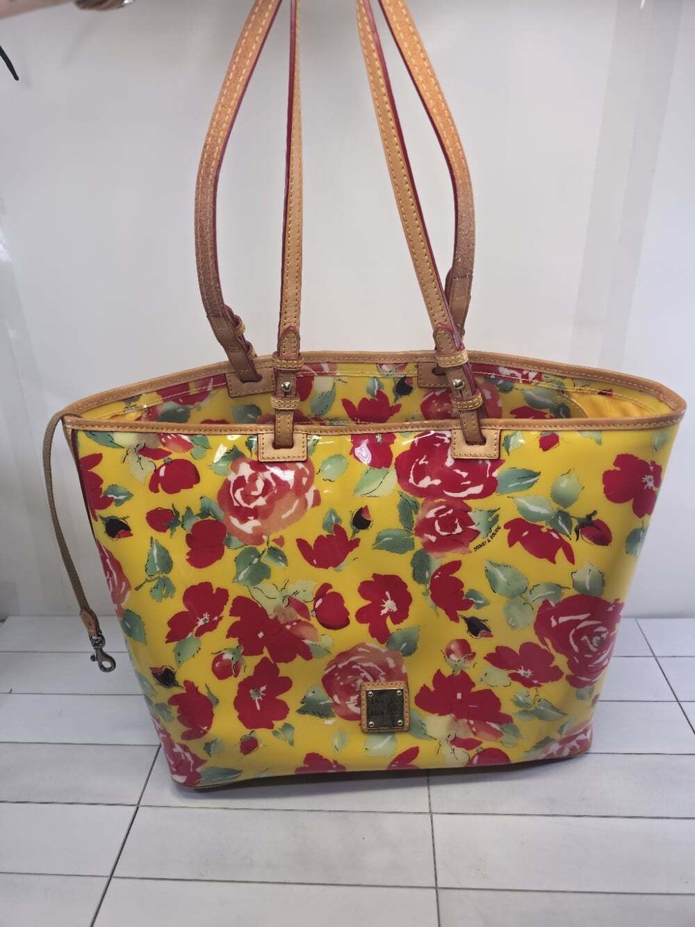 Dooney Bourke Blue Red Yellow Floral Rose Large Tote Shopper Shoulder Bag